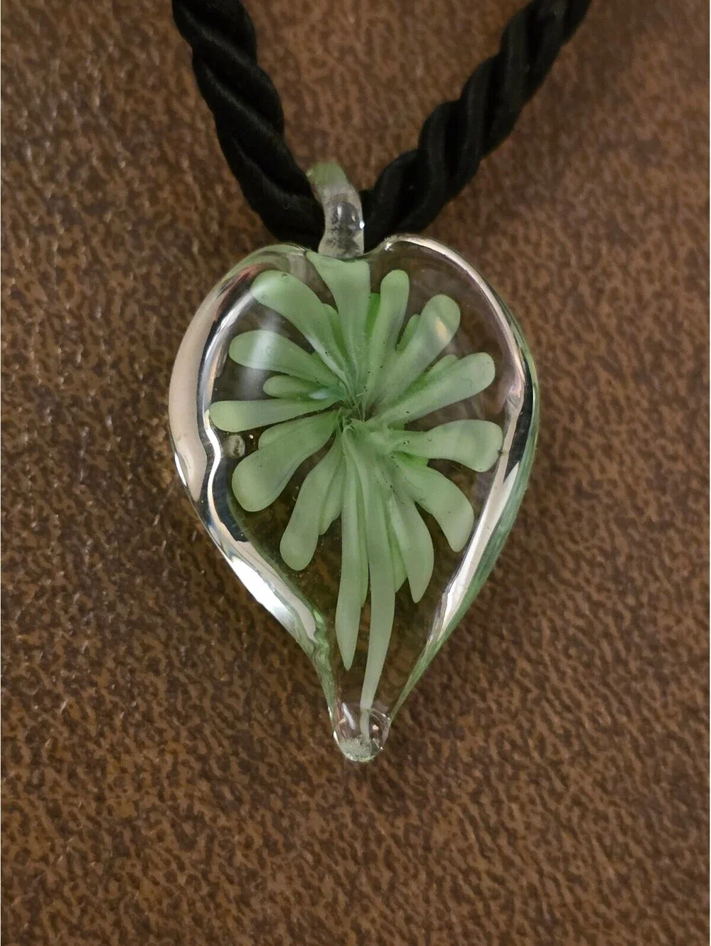 Murano Style Art Glass Teardrop Floral Pendant Necklace Black Cord Green Flower